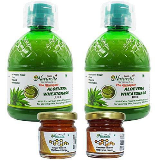 Farm Naturelle-100% Pure Herbal Concentrated (Extra Fiber in Gel Form) Aloevera Wheatgrass Gel/Juice 400Ml (Pack Of 2) And Honey 55g x 2