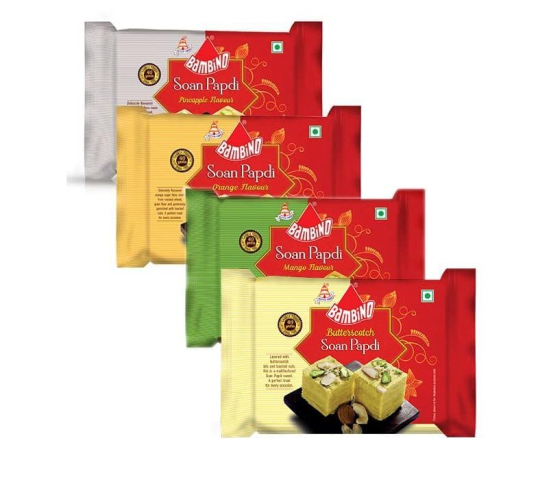 Bambino Soan Papdi Combo Pack of 4 Orange I Pineapple I Mango I Buttersctoch Each 200 Gms (800 Gms)