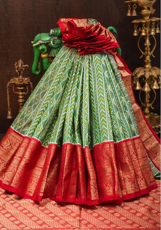 Ikkat Kanjivaram Fusion Silk Saree in Green & Red with Wide Zari Border | SILK MARK CERTIFIED