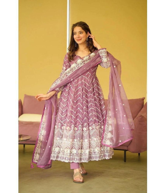 Estela Organza Embroidered Kurti With Pants Womens Stitched Salwar Suit - Purple ( Pack of 1 ) - None