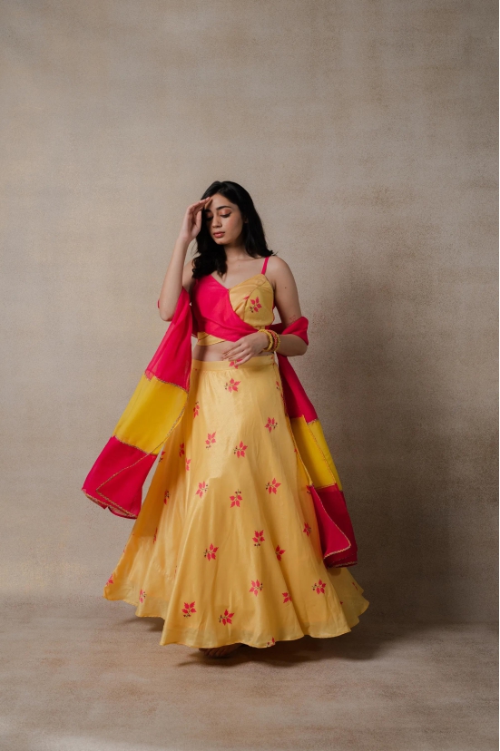 Pink and Yellow Phulkari lehenga Set-2XL