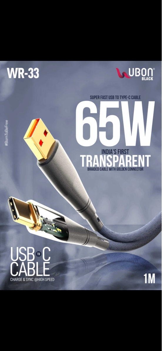 UBON indias first  transparent barided cable with golden connector,super fast usb to type c