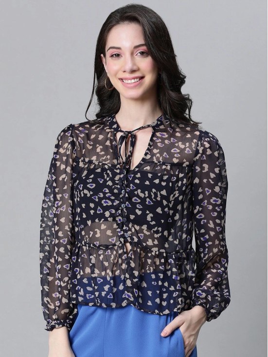 Oxolloxo Printed Tie-Up Neck Peplum Crop Top