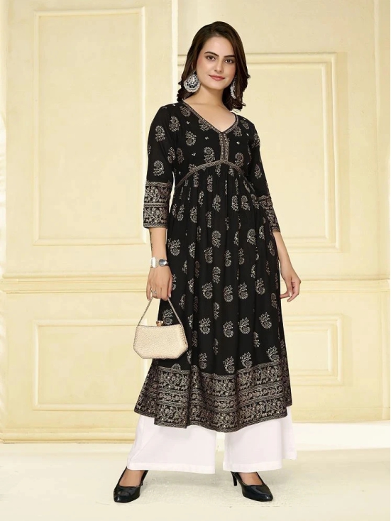 Rangita Women Rayon Black Embellished Calf Length Anarkali Kurti - None