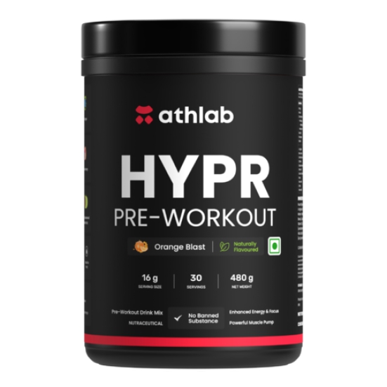 Athlab (by Nutrabay) HYPR Pre Workout | Naturally Flavoured & Sweetened with Monk Fruit | 200mg Natural Caffeine, 3000mg L-Arginine, 2000mg Beta Alanine, 2000mg Citrulline Malate - Orange Blast, 480g