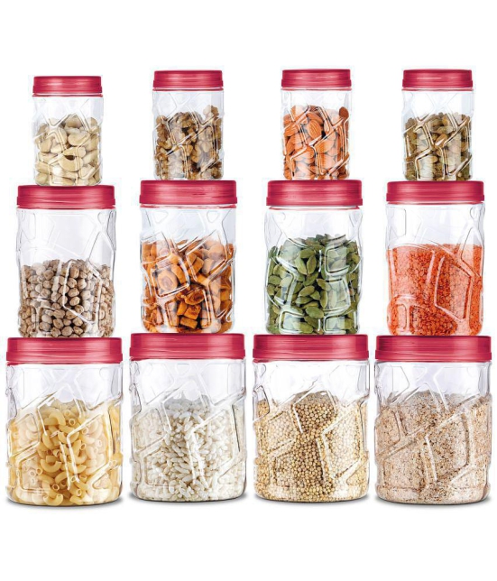 Milton Vitro Plastic Pet Storage Jar and Container, Set of 12 (4 pcs x 270 ml Each, 4 pcs x 665 ml Each, 4 pcs x 1.24 ltrs Each), Red Wine - Red