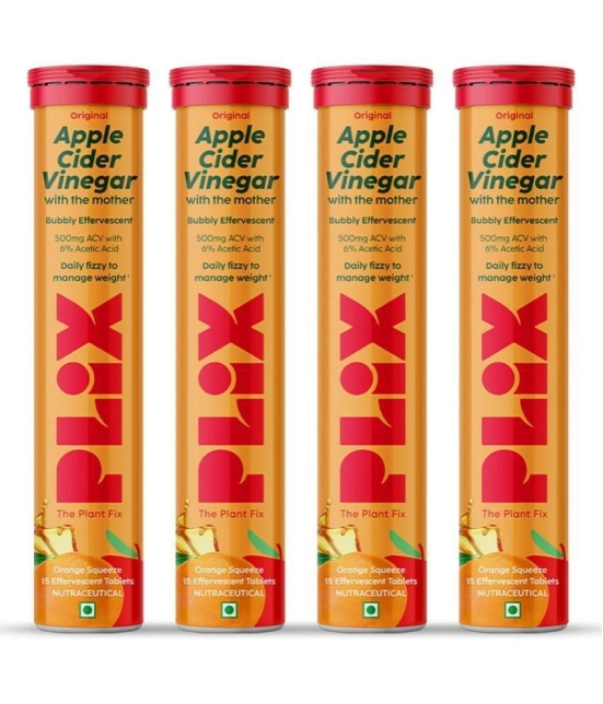 Plix Apple Cider Vinegar 15 Effervescent Tablets Orange Flavour with Vitamin B12 (4 x 15 No)