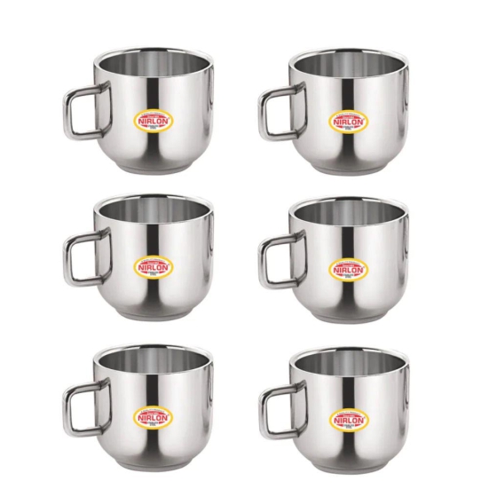 Nirlon Nelcon Stainless Steel 100 ML Small Tea Cup- Apple | Silver | Set of 6 Pcs