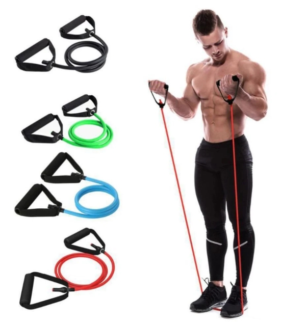 Single Toning Resistance Tube Pull Rope Exercise Band for Stretching, Workout, Home Gym and Toning with Grip D Shaped Foam Handles for Men and Women - Multi Color