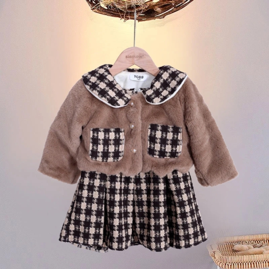 Girls warm co-ord set with checks design-Brown / 3-4 years /100