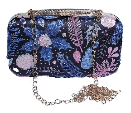 Exclusive Embellished women Hand Clutch cum sling bag (Blue With Multi Color)