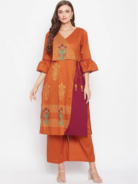 Women Rust & Maroon Floral Printed Angrakha Pure Cotton Kurta With Palazzos