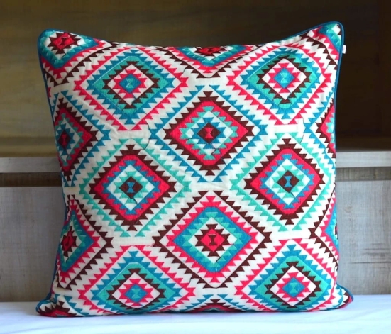 Bohemian Embroidered Multicolor Cotton Cushion Cover Size 16x16