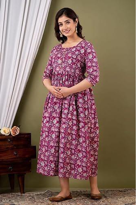 KASHVI Creation Women's Cotton Floral Printed Anarkali Maternity Breast Feeding Kurti-Pink