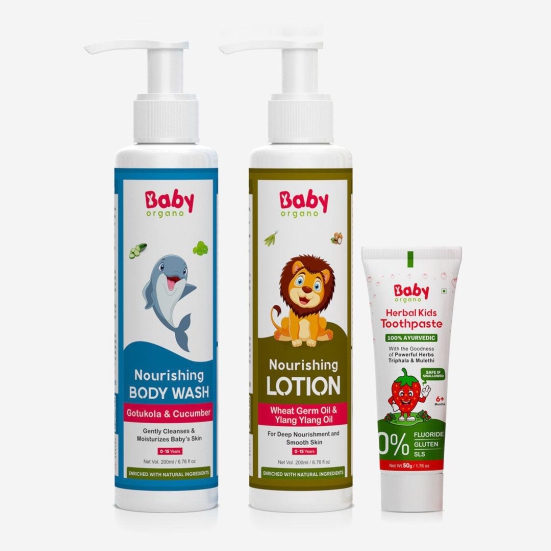 BabyOrgano Kids Morning Routine Combo | Gentle Baby Wash + Nourishing Body Lotion + Herbal Kids Toothpaste | 100% Based on Ayurveda