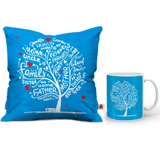 Indigifts Diwali Gift Items Family Love Tree Blue Cushion Cover 12x12 with Filler & Mug - Diwali Gift Items, Diwali Decoration Items, Deepavali Festival, Dipawli Gifts, Deepawali Greetings