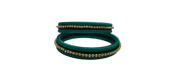 Green Silk Thread Bangle Set with Rhinestone and Black Beads