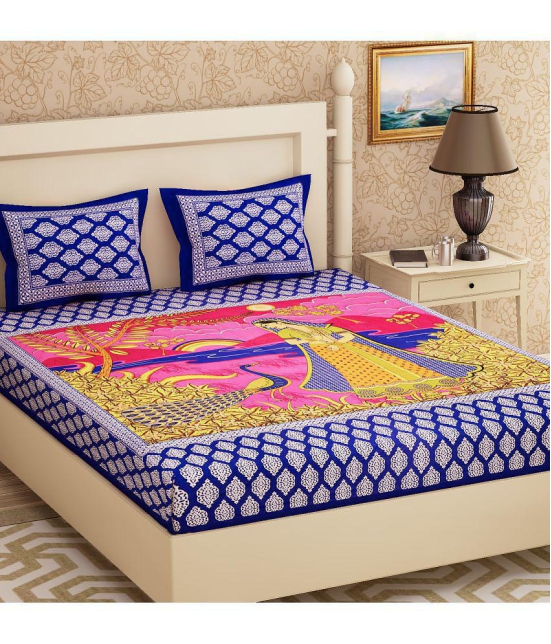 URBAN MAGIC - Blue Cotton Double Bedsheet with 2 Pillow Covers - Blue