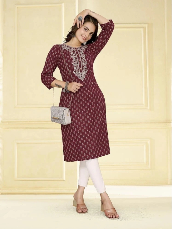 Rangita Women Cotton Maroon Embroidered Calf Length Straight Kurti - None