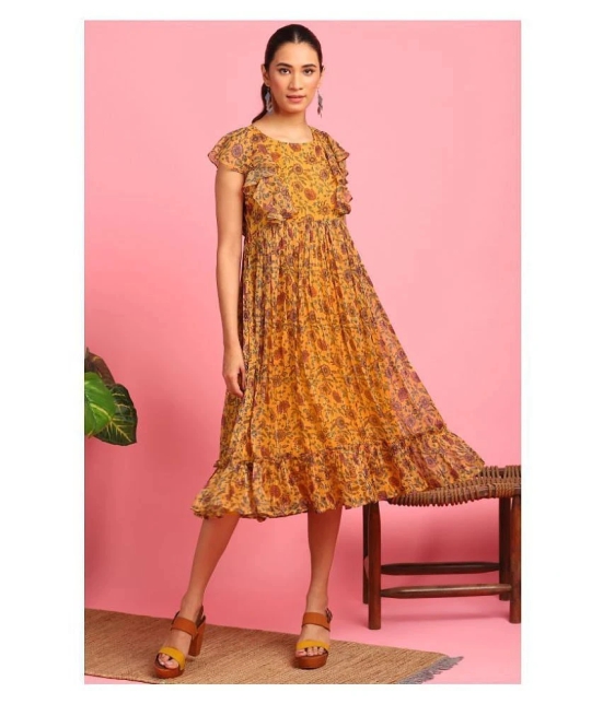 Janasya Poly Georgette Yellow Fit And Flare Dress - - XS