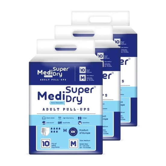 MediSuperDry Adult Diaper Pants, Unisex -Medium (M) Size, Adult Pull-Ups, High Absorbency, Leak Proof, Overnight Protection, Elastic Waist Size (71-110 Cm | 28-44 Inches), 30 Pieces, Pack Of 3