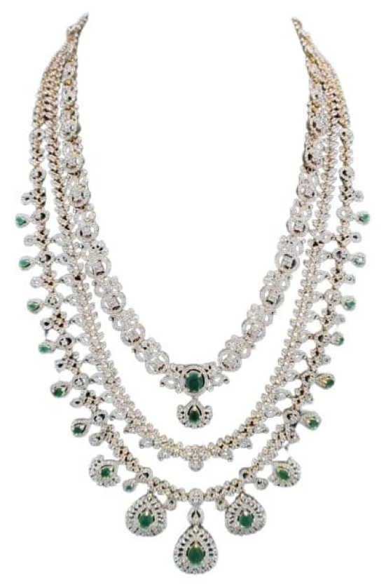 American Diamond And Emerald Three Layer Necklace Set In Gold