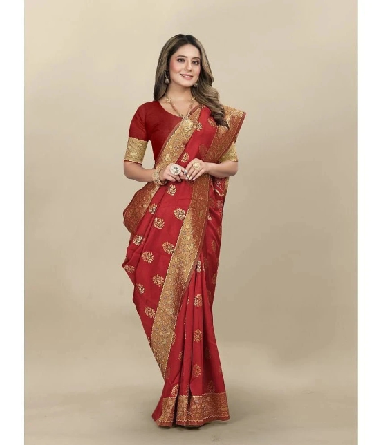 Gazal Fashions - Red Banarasi Silk Saree With Blouse Piece ( Pack of 1 ) - Red